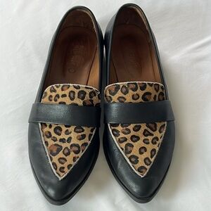 Bueno Black Leather/Calf Hair Leopard Print Loafers